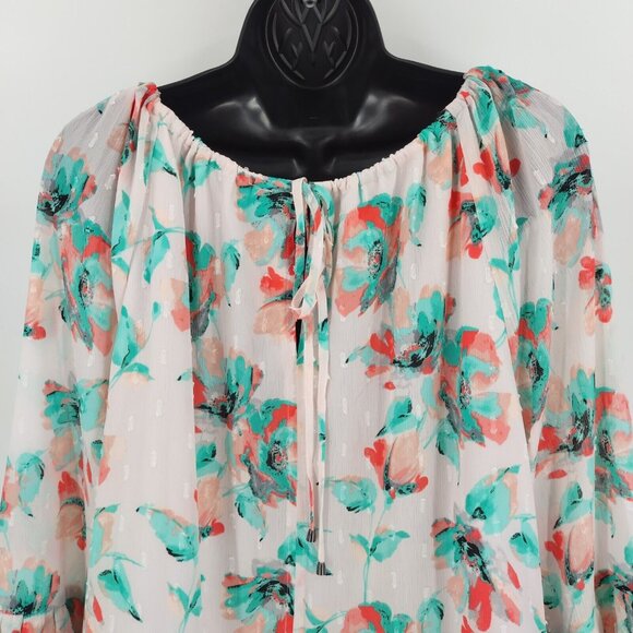 Kaari Blue Sz L Multi Pink Floral Santorini 3/4 Sleeve Ruffle Front Tie Top Lace - Picture 8 of 13